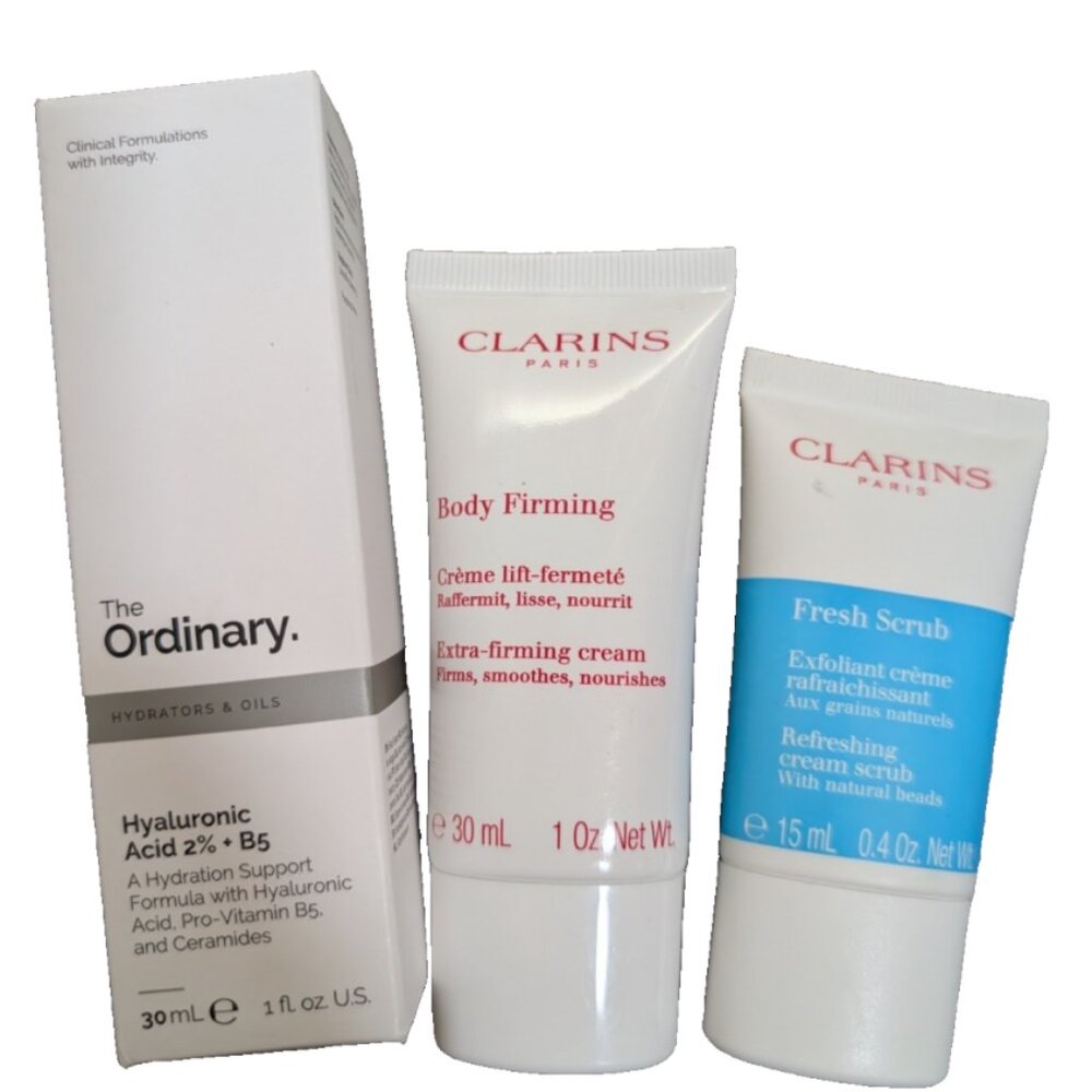 Ordinary Hiluarinuc acid serum, Clarins Face Scrub and Body cream